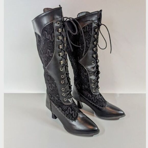 Victorian Goth Lace Up Boots Black Regency Kitten Heel Size 4.5-5 Pirate Cosplay - Picture 2 of 14